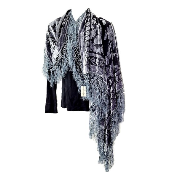 Maya Matazaro Kimono Shawl Wrap Silk Burnout Velvet Blk Grey Fringe USA NWT - Picture 3 of 9